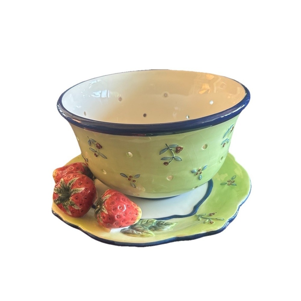 BELLA CASA by Ganz Strawberry Ceramic Strainer Bowl & Plate Decor Only